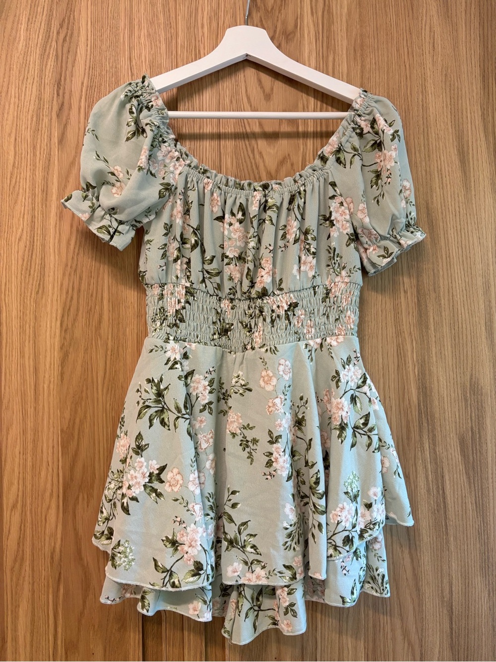 Floral Smocked Peasant Top in Sage Green - Picture 2 of 5